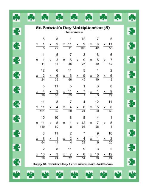 The St. Patrick's Day Multiplication Facts to 144 -- Shamrock Border Theme (S) Math Worksheet Page 2