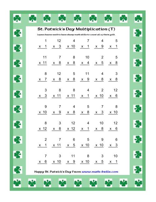 The St. Patrick's Day Multiplication Facts to 144 -- Shamrock Border Theme (T) Math Worksheet