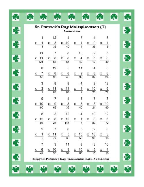 The St. Patrick's Day Multiplication Facts to 144 -- Shamrock Border Theme (T) Math Worksheet Page 2