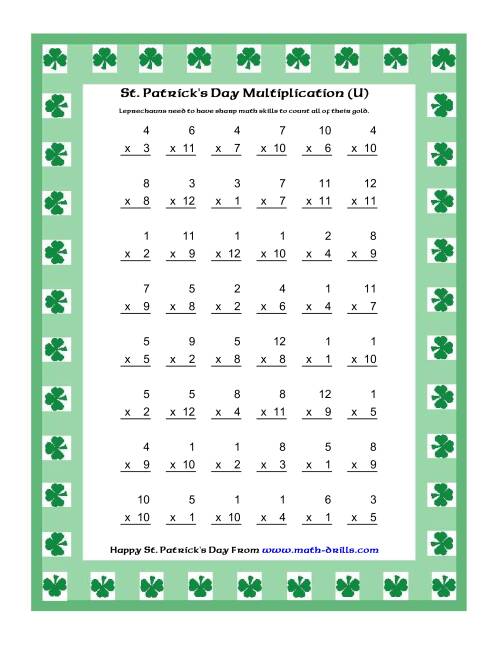 The St. Patrick's Day Multiplication Facts to 144 -- Shamrock Border Theme (U) Math Worksheet