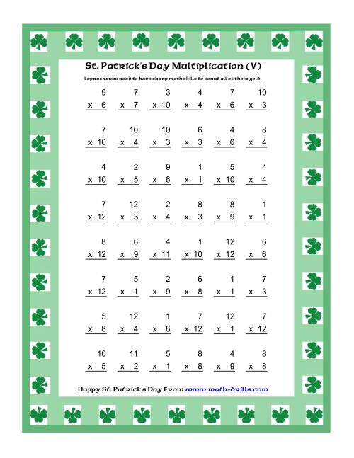 The St. Patrick's Day Multiplication Facts to 144 -- Shamrock Border Theme (V) Math Worksheet