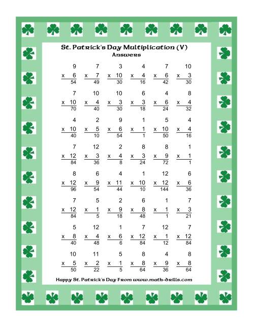 The St. Patrick's Day Multiplication Facts to 144 -- Shamrock Border Theme (V) Math Worksheet Page 2
