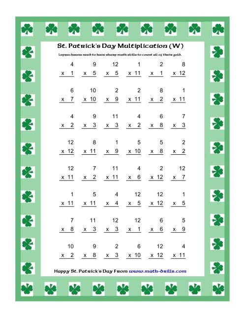 The St. Patrick's Day Multiplication Facts to 144 -- Shamrock Border Theme (W) Math Worksheet