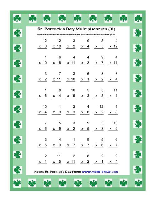 The St. Patrick's Day Multiplication Facts to 144 -- Shamrock Border Theme (X) Math Worksheet