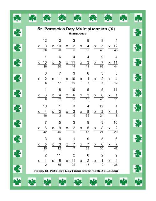The St. Patrick's Day Multiplication Facts to 144 -- Shamrock Border Theme (X) Math Worksheet Page 2