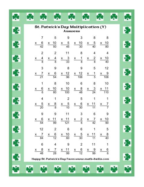 The St. Patrick's Day Multiplication Facts to 144 -- Shamrock Border Theme (Y) Math Worksheet Page 2