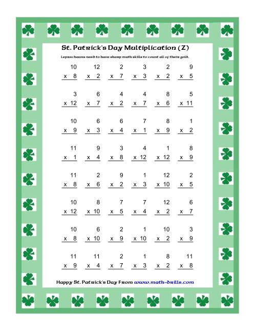 The St. Patrick's Day Multiplication Facts to 144 -- Shamrock Border Theme (Z) Math Worksheet