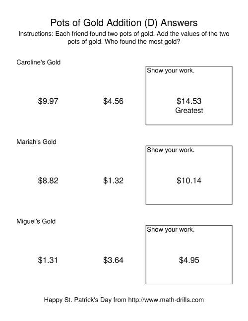 The St. Patrick's Day Adding Money to $20.00 -- Pots of Gold (D) Math Worksheet Page 2