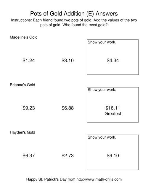 The St. Patrick's Day Adding Money to $20.00 -- Pots of Gold (E) Math Worksheet Page 2