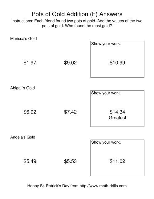 The St. Patrick's Day Adding Money to $20.00 -- Pots of Gold (F) Math Worksheet Page 2