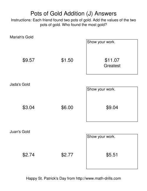 The St. Patrick's Day Adding Money to $20.00 -- Pots of Gold (J) Math Worksheet Page 2