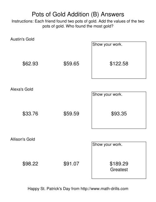 The St. Patrick's Day Adding Money to $200.00 -- Pots of Gold (B) Math Worksheet Page 2
