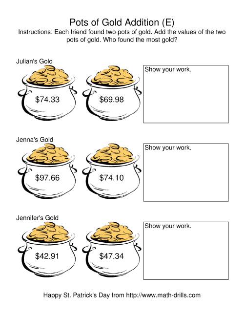 The St. Patrick's Day Adding Money to $200.00 -- Pots of Gold (E) Math Worksheet