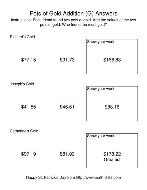The St. Patrick's Day Adding Money to $200.00 -- Pots of Gold (G) Math Worksheet Page 2