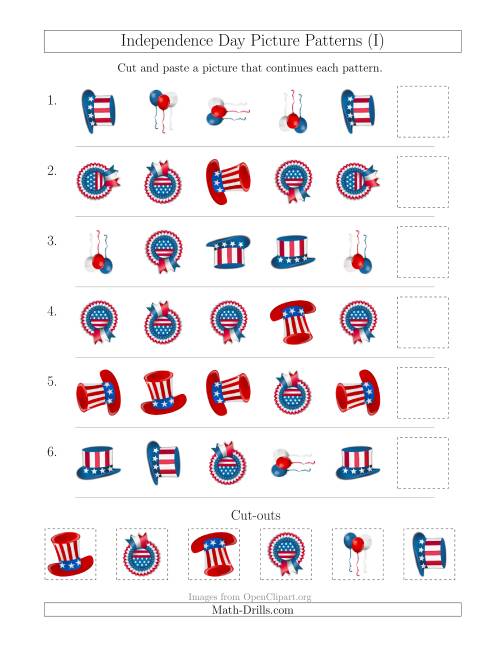 The Independence Day Picture Patterns with Shape and Rotation Attributes (I) Math Worksheet
