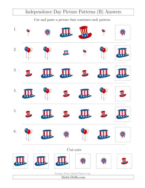 The Independence Day Picture Patterns with Shape and Size Attributes (B) Math Worksheet Page 2