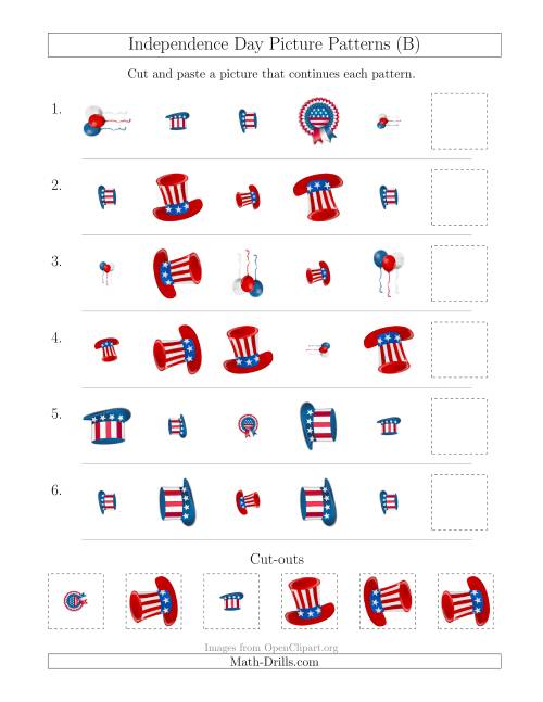 The Independence Day Picture Patterns with Shape, Size and Rotation Attributes (B) Math Worksheet
