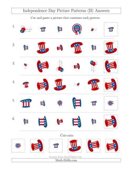 The Independence Day Picture Patterns with Shape, Size and Rotation Attributes (B) Math Worksheet Page 2