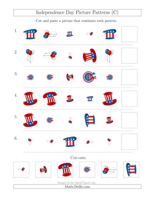 The Independence Day Picture Patterns with Shape, Size and Rotation Attributes (C) Math Worksheet
