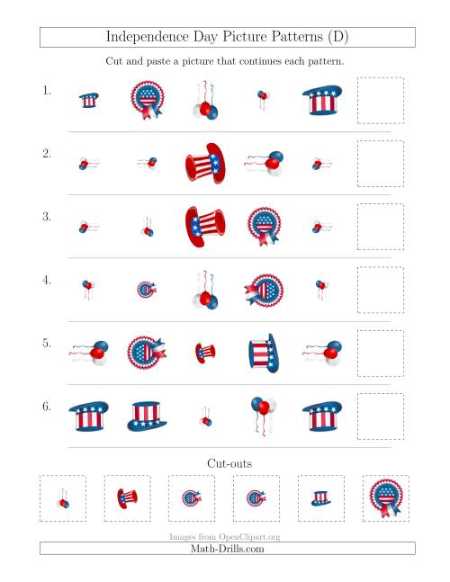 The Independence Day Picture Patterns with Shape, Size and Rotation Attributes (D) Math Worksheet