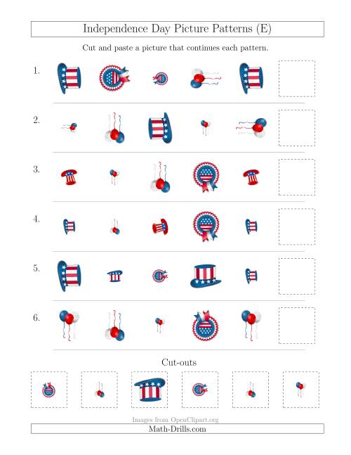The Independence Day Picture Patterns with Shape, Size and Rotation Attributes (E) Math Worksheet