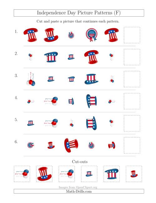 The Independence Day Picture Patterns with Shape, Size and Rotation Attributes (F) Math Worksheet