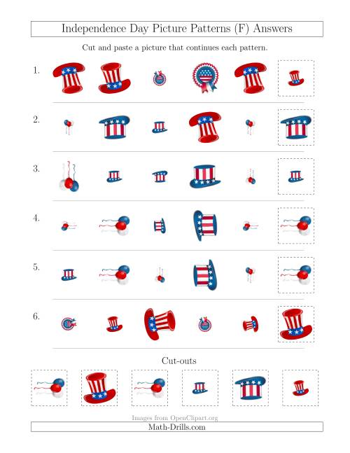 The Independence Day Picture Patterns with Shape, Size and Rotation Attributes (F) Math Worksheet Page 2