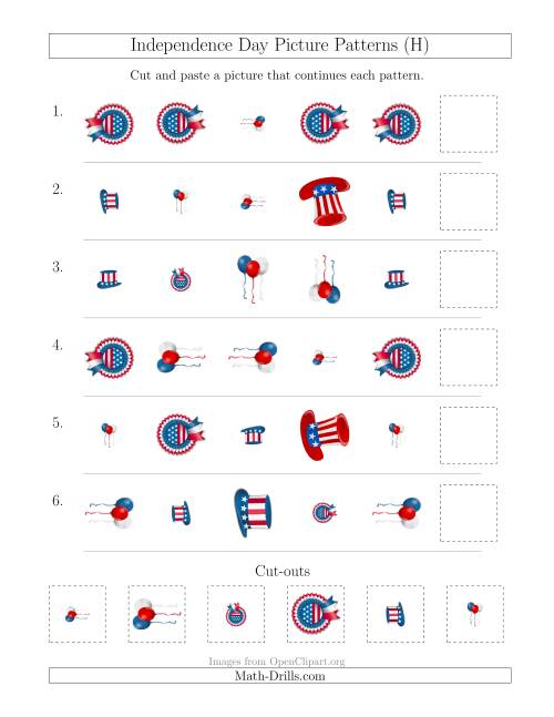 The Independence Day Picture Patterns with Shape, Size and Rotation Attributes (H) Math Worksheet