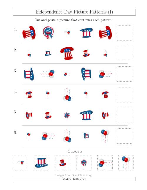 The Independence Day Picture Patterns with Shape, Size and Rotation Attributes (I) Math Worksheet