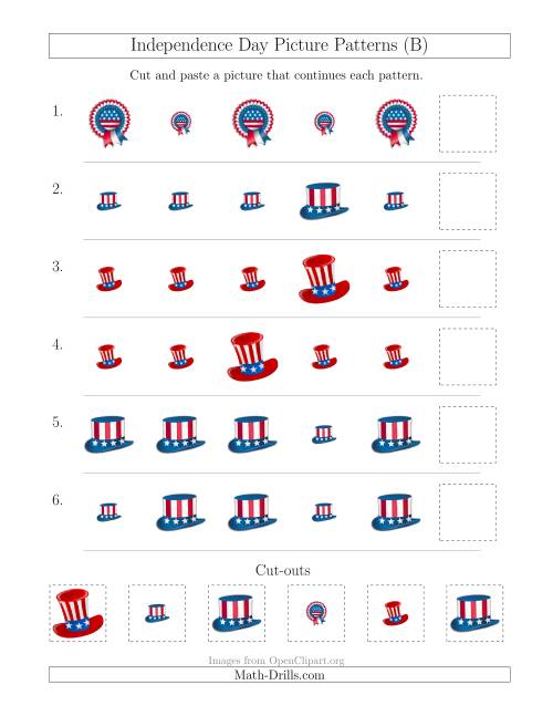 The Independence Day Picture Patterns with Size Attribute Only (B) Math Worksheet