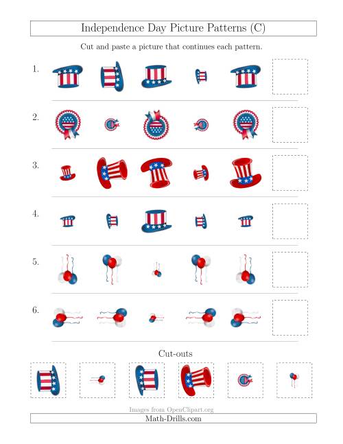 The Independence Day Picture Patterns with Size and Rotation Attributes (C) Math Worksheet