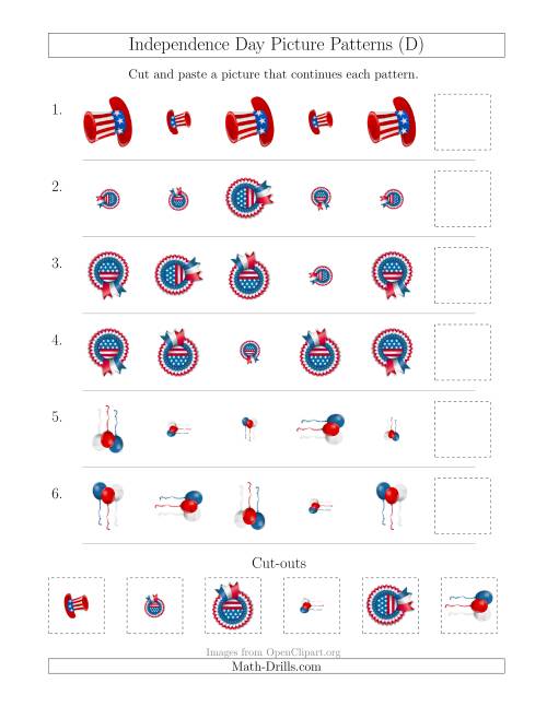 The Independence Day Picture Patterns with Size and Rotation Attributes (D) Math Worksheet
