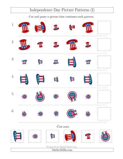 The Independence Day Picture Patterns with Size and Rotation Attributes (I) Math Worksheet