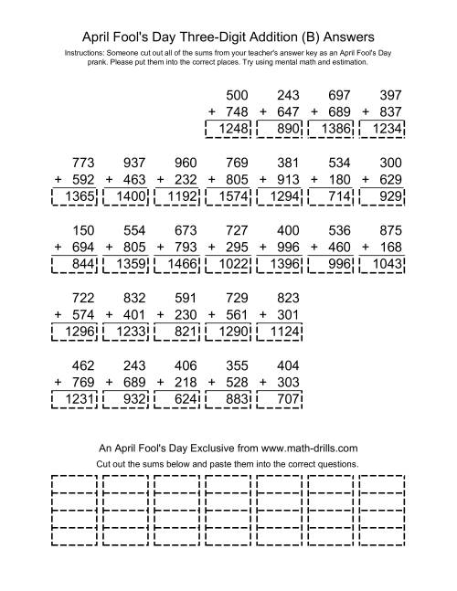 The April Fool's Day Addition (B) Math Worksheet Page 2