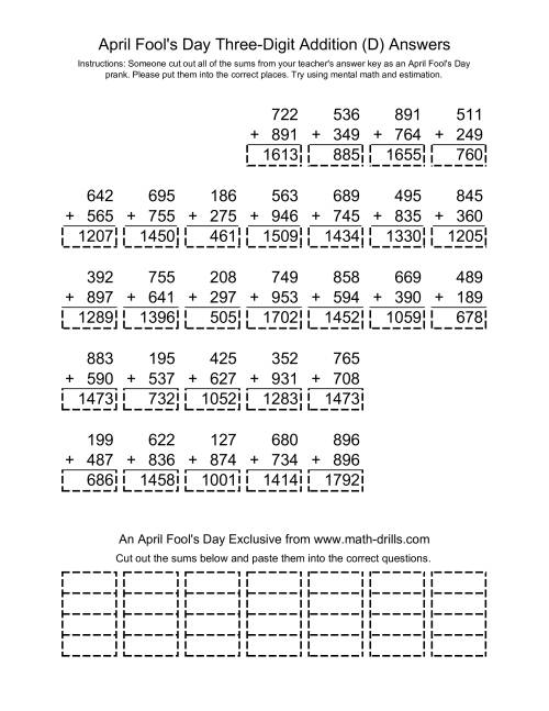 The April Fool's Day Addition (D) Math Worksheet Page 2