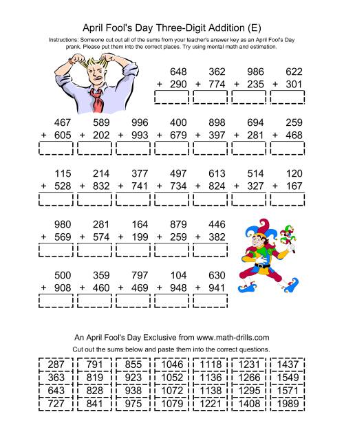 The April Fool's Day Addition (E) Math Worksheet