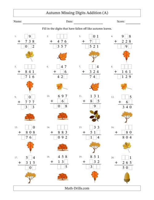 The Autumn Missing Digits Addition (Easier Version) (A) Math Worksheet