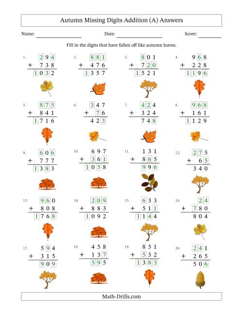 The Autumn Missing Digits Addition (Easier Version) (A) Math Worksheet Page 2