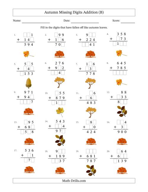 The Autumn Missing Digits Addition (Easier Version) (B) Math Worksheet