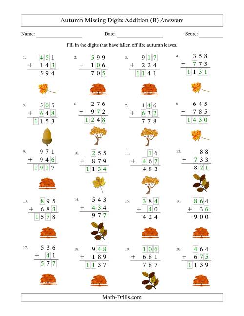 The Autumn Missing Digits Addition (Easier Version) (B) Math Worksheet Page 2
