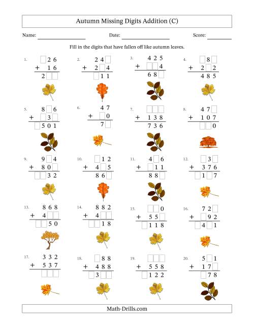The Autumn Missing Digits Addition (Easier Version) (C) Math Worksheet