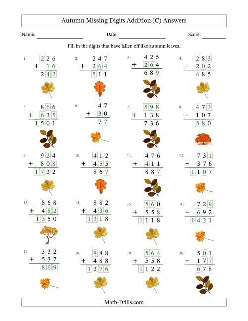 The Autumn Missing Digits Addition (Easier Version) (C) Math Worksheet Page 2