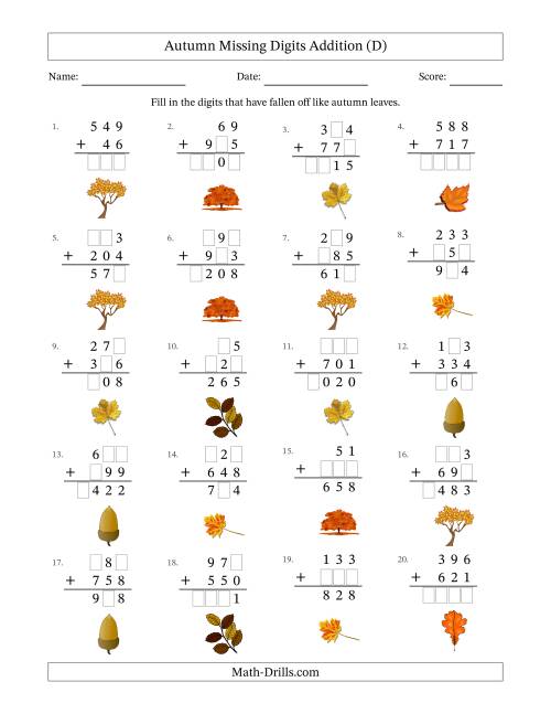 The Autumn Missing Digits Addition (Easier Version) (D) Math Worksheet