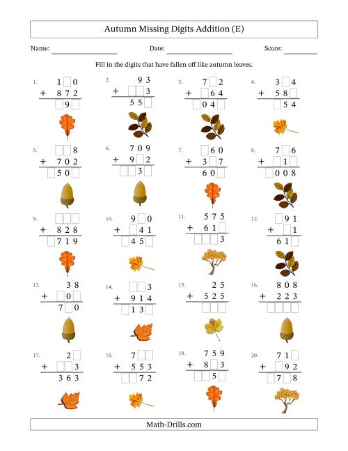 The Autumn Missing Digits Addition (Easier Version) (E) Math Worksheet