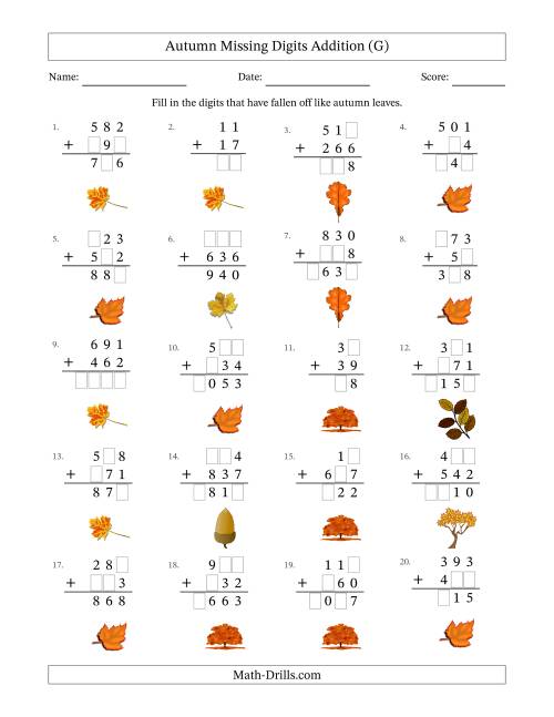 The Autumn Missing Digits Addition (Easier Version) (G) Math Worksheet
