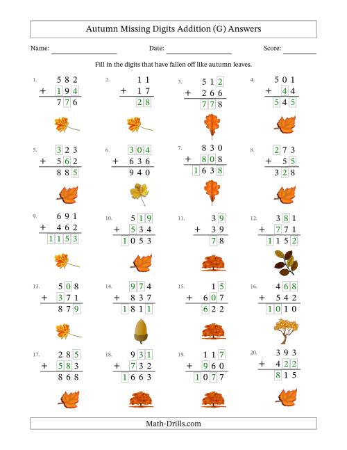 The Autumn Missing Digits Addition (Easier Version) (G) Math Worksheet Page 2