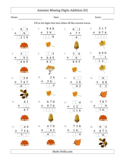 The Autumn Missing Digits Addition (Easier Version) (H) Math Worksheet