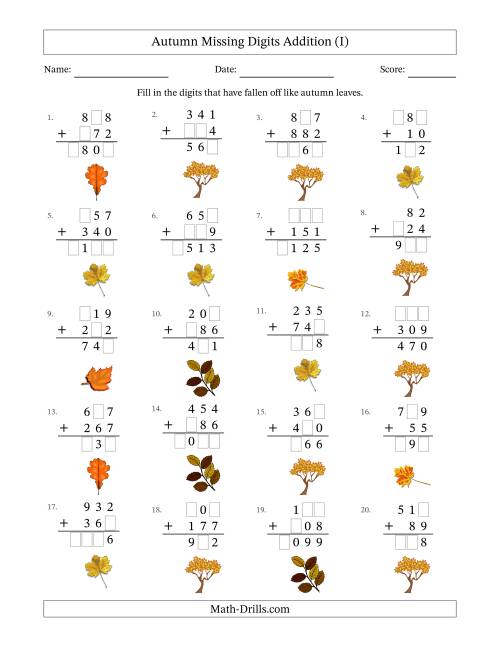 The Autumn Missing Digits Addition (Easier Version) (I) Math Worksheet