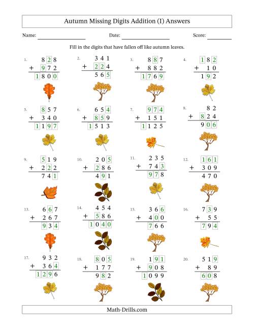 The Autumn Missing Digits Addition (Easier Version) (I) Math Worksheet Page 2