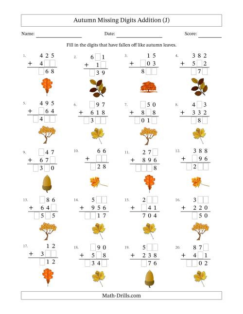 The Autumn Missing Digits Addition (Easier Version) (J) Math Worksheet